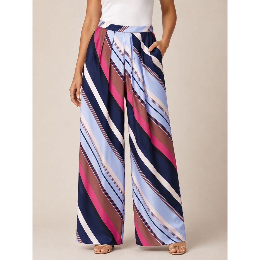 Maeve Striped Wide-Leg Pants in Navy, Light Blue, Fuchsia and Brown